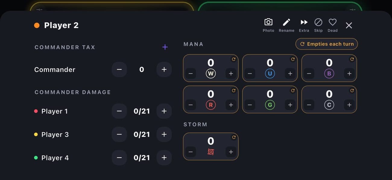 A player's menu with commander tax, commander damage from each opponent out of 21, mana and storm counters.